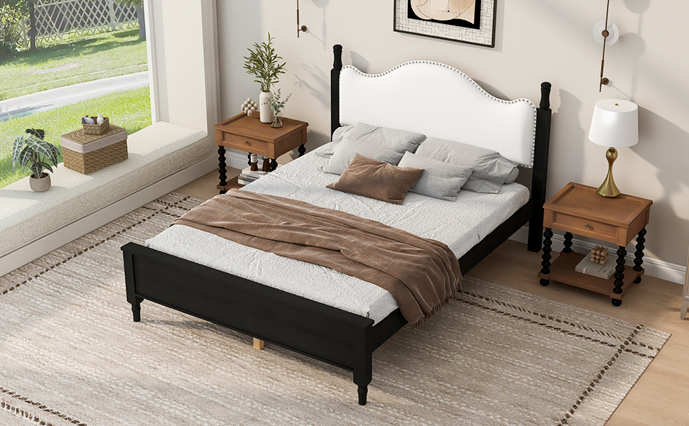 Queen Size Wood Platform Bed with Upholstered Headboard