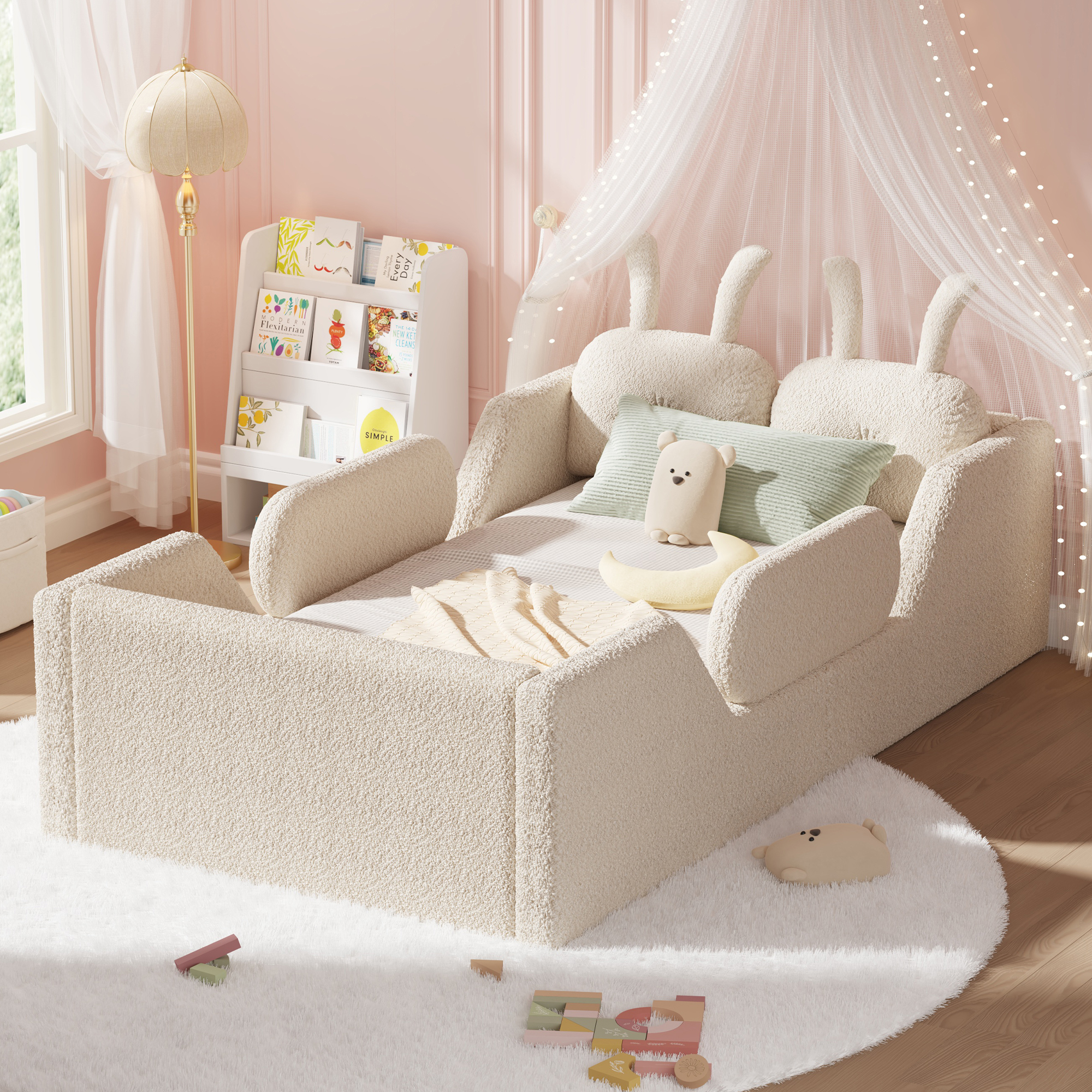 Upholstered Twin Size Platform Bed with Rabbit Cushion