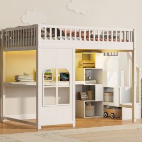 Full Size Loft Bed with Storage Staircase, LED, USB, Decorative Window Panel & Built-in Open Shelves
