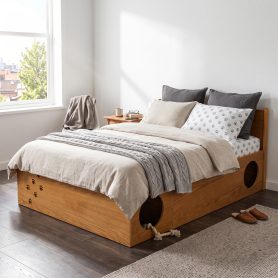 Queen Wood Platform Bed with Removable Headboard, Under-Bed Pet Maze & Private Space, Decorative Footboard, Detachable Slats