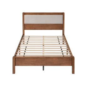 Full Size Solid Rubber Wooden Bed With Upholstered Headboard