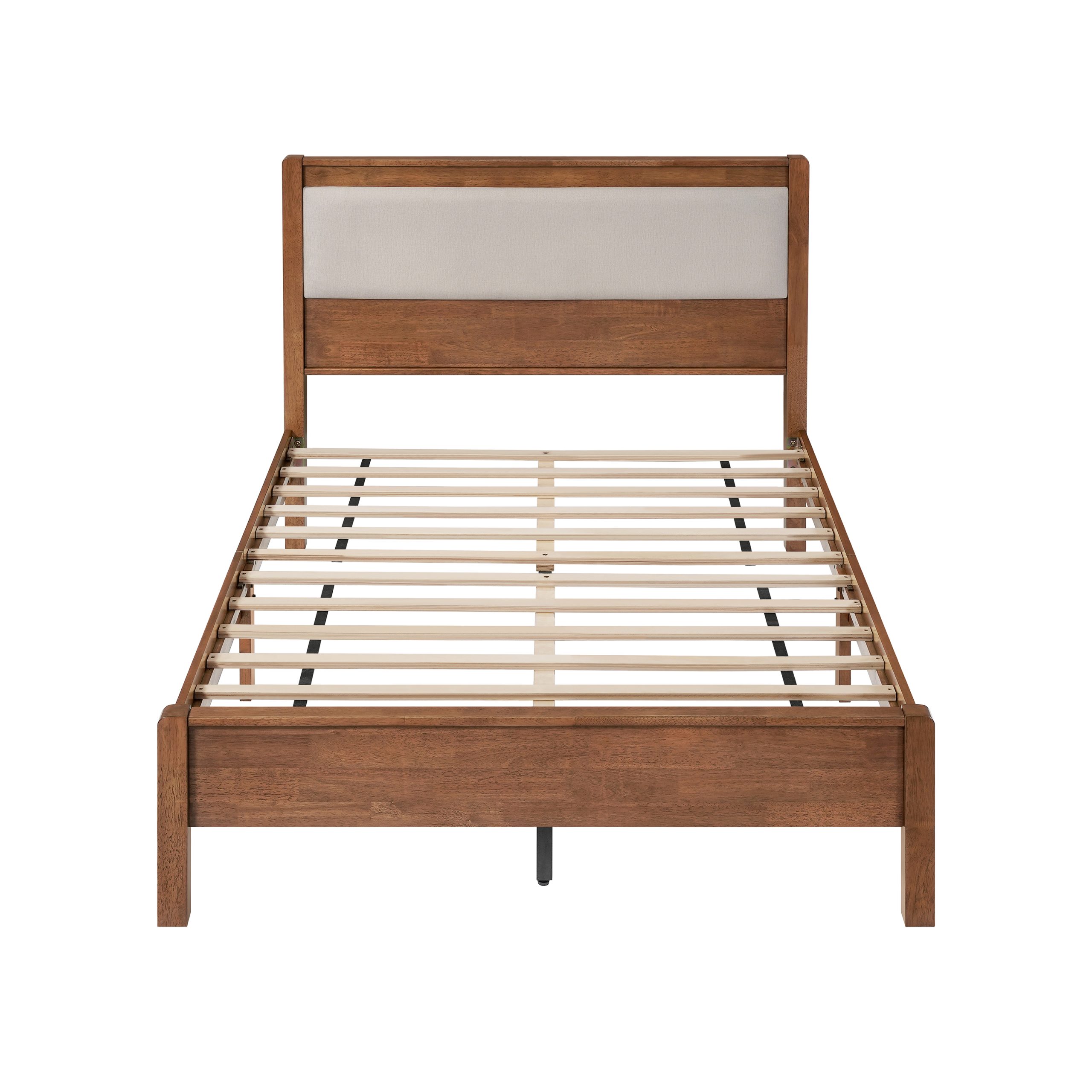 Full Size Solid Rubber Wooden Bed With Upholstered Headboard