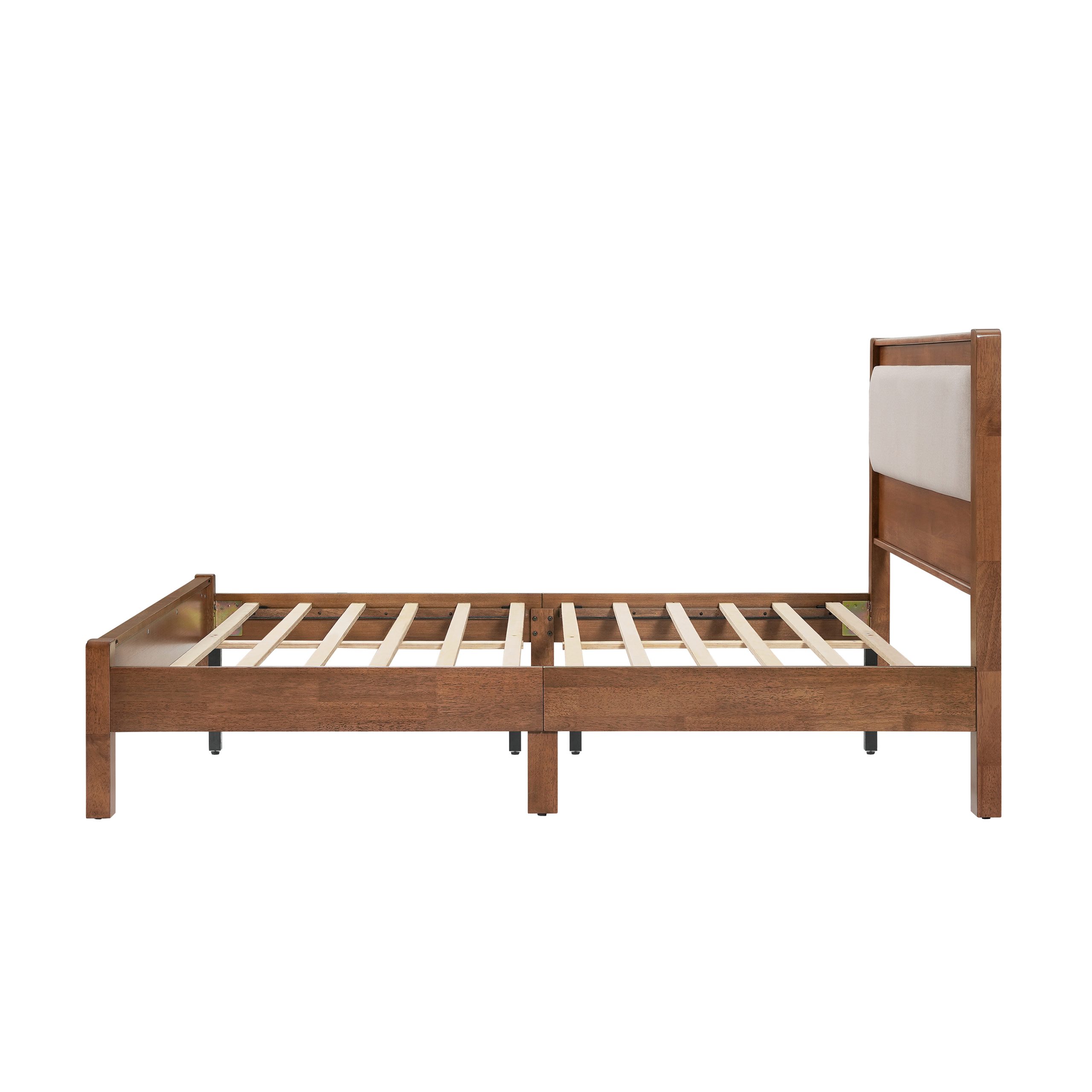 Full Size Solid Rubber Wooden Bed With Upholstered Headboard