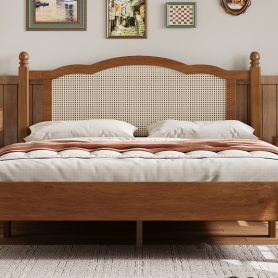 Queen Size Wooden Platform Bed with Natural Rattan Headboard