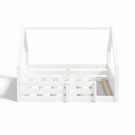 Twin Size House Floor Wooden Bed with House Roof Frame, Fence Guardrails & Grooved Panel Design