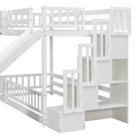 Twin Over Twin Bunk Bed With Slide, Storage Staircase, Bedside Storage Rack, LED Lights