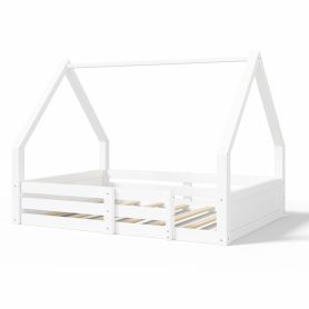 Full Size House Floor Wooden Bed with House Roof Frame, Fence Guardrails & Grooved Panel Design