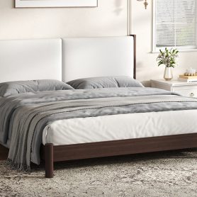 Wooden Platform Bed with PU Leather Headboard, King Size