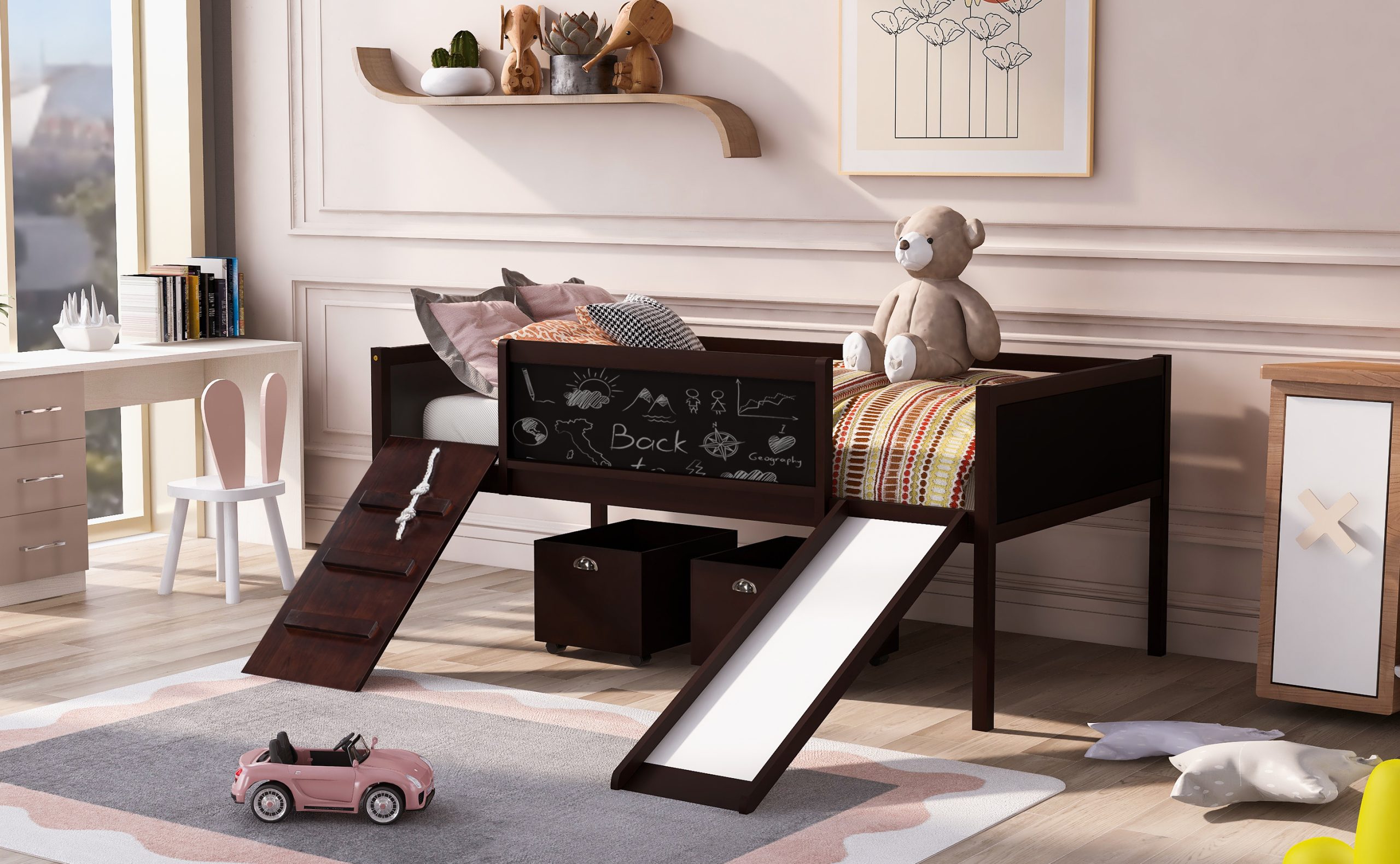 Twin Size Loft Bed Wood Bed With Two Storage Boxes
