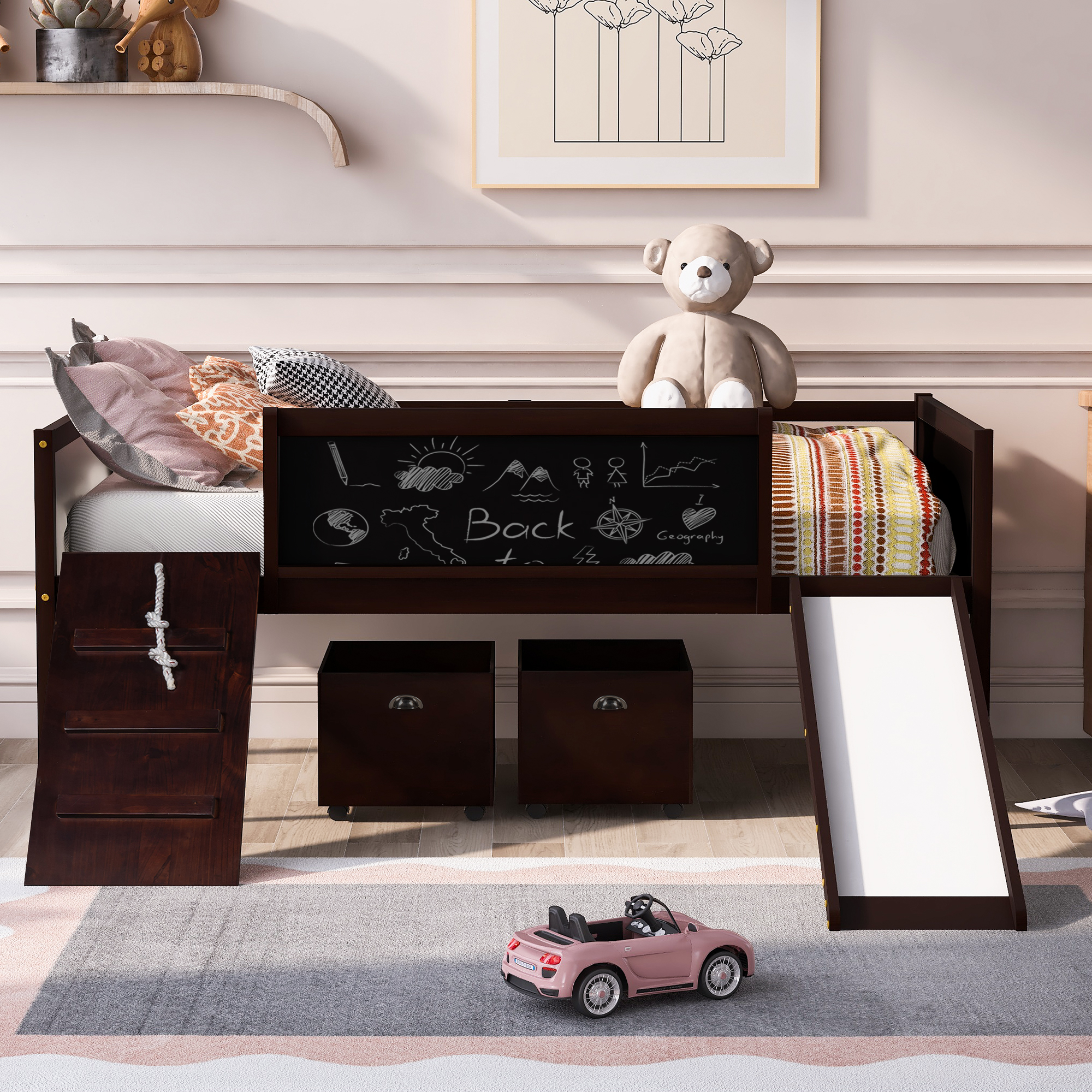 Twin Size Loft Bed Wood Bed With Two Storage Boxes