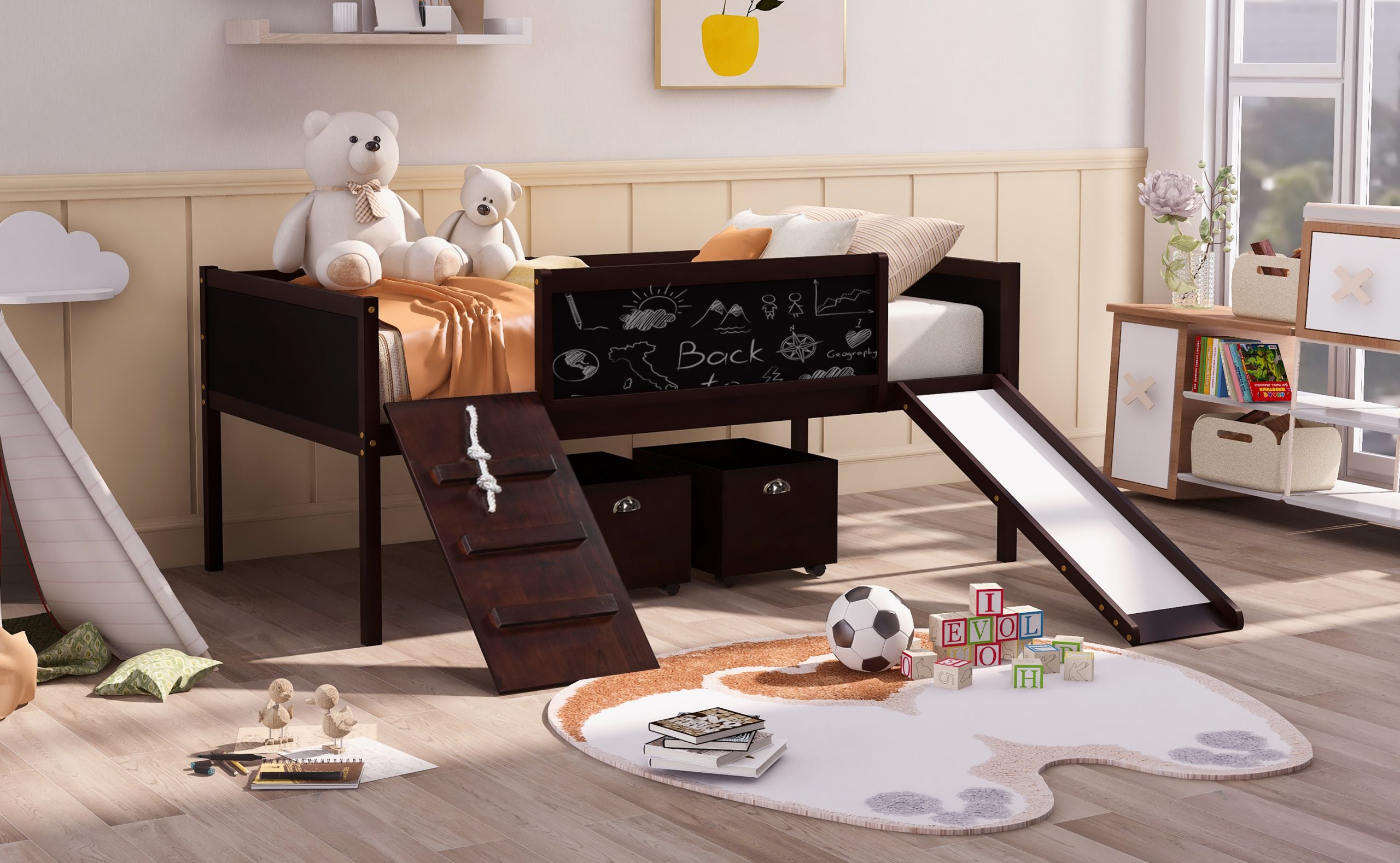 Twin Size Loft Bed Wood Bed With Two Storage Boxes