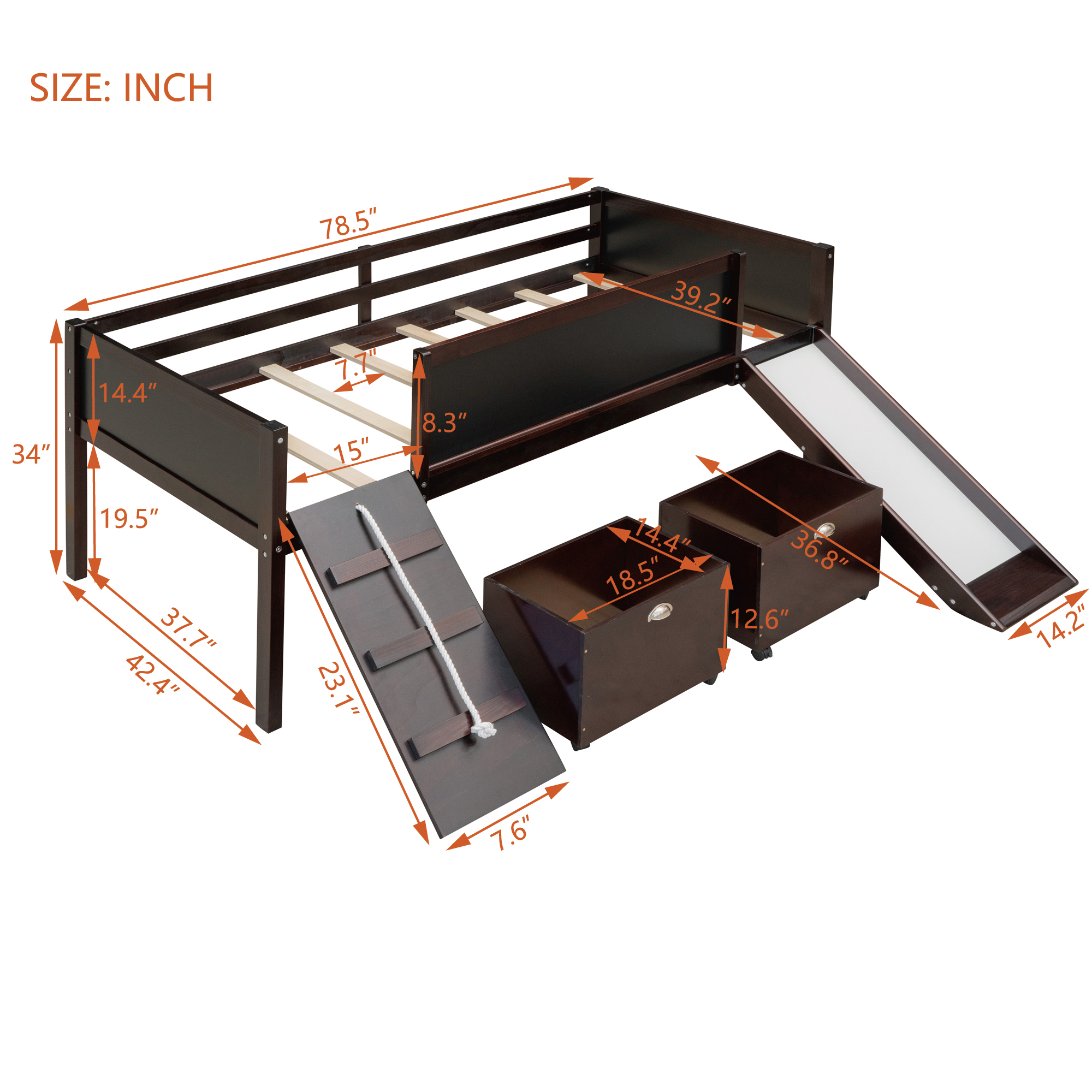 Twin Size Loft Bed Wood Bed With Two Storage Boxes