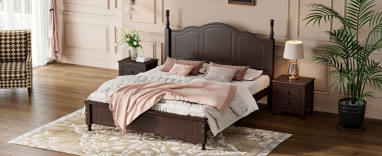 Retro Style Queen Size Wood Platform Bed Frame
