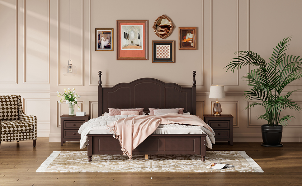 Retro Style Queen Size Wood Platform Bed Frame