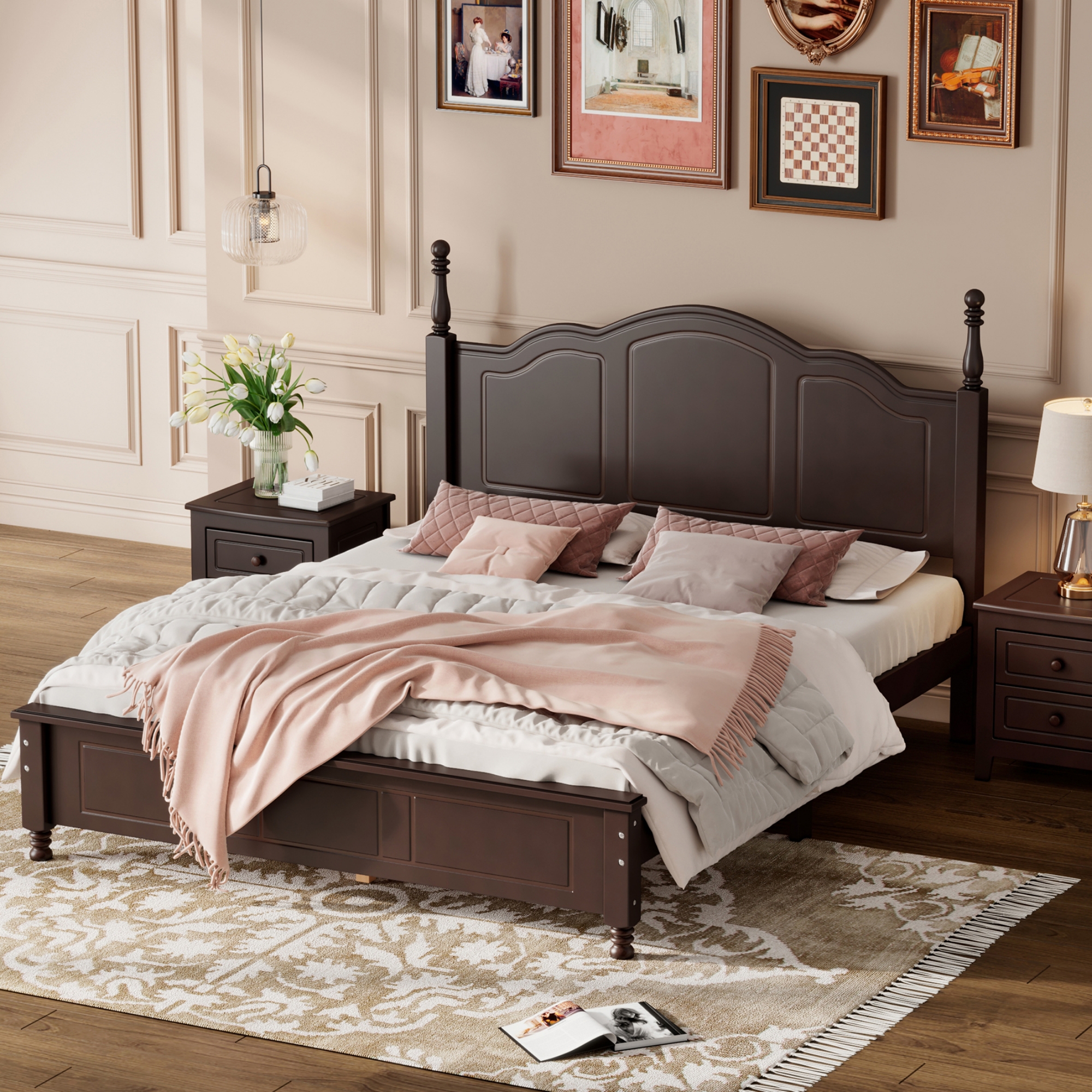 Retro Style Queen Size Wood Platform Bed Frame