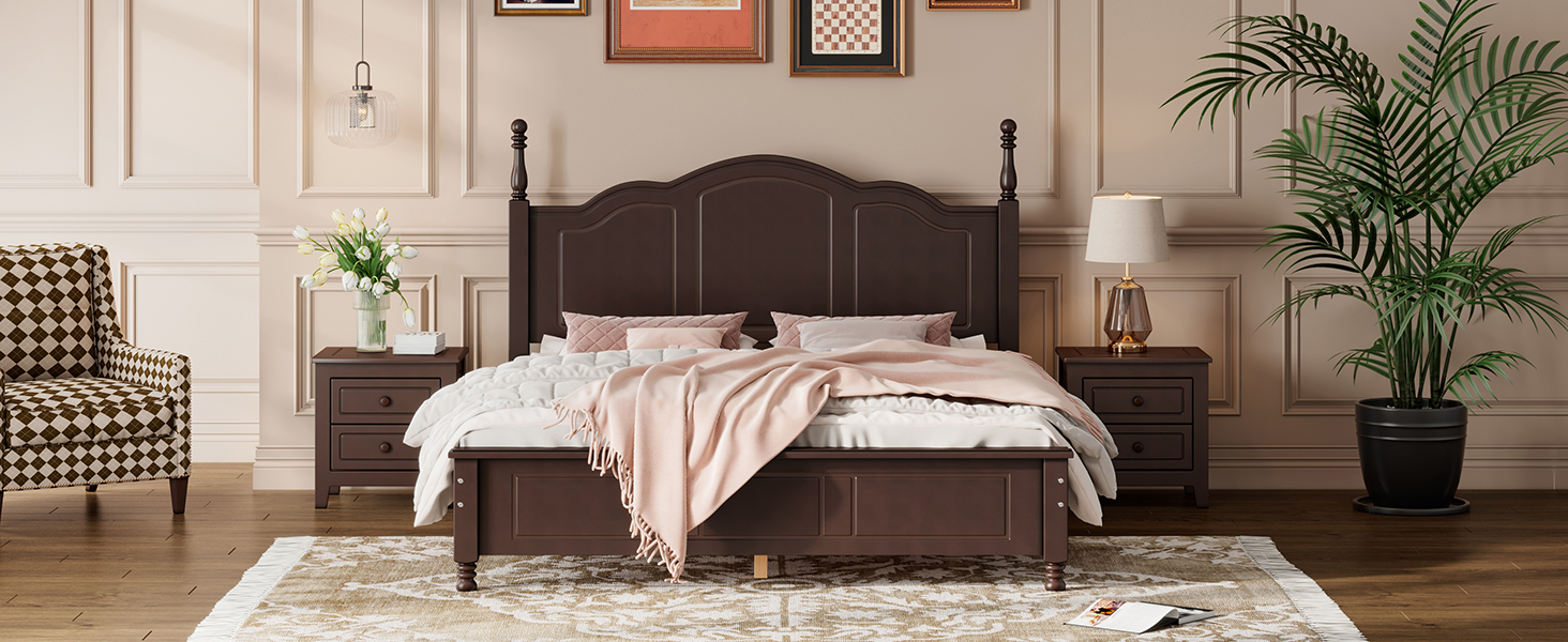 Retro Style Queen Size Wood Platform Bed Frame