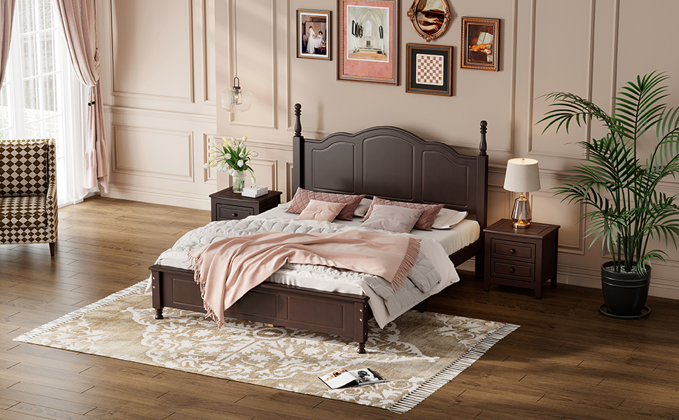 Retro Style Queen Size Wood Platform Bed Frame