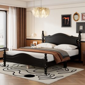 Retro Style Queen Size Wood Platform Bed Frame With Wooden Slat Support