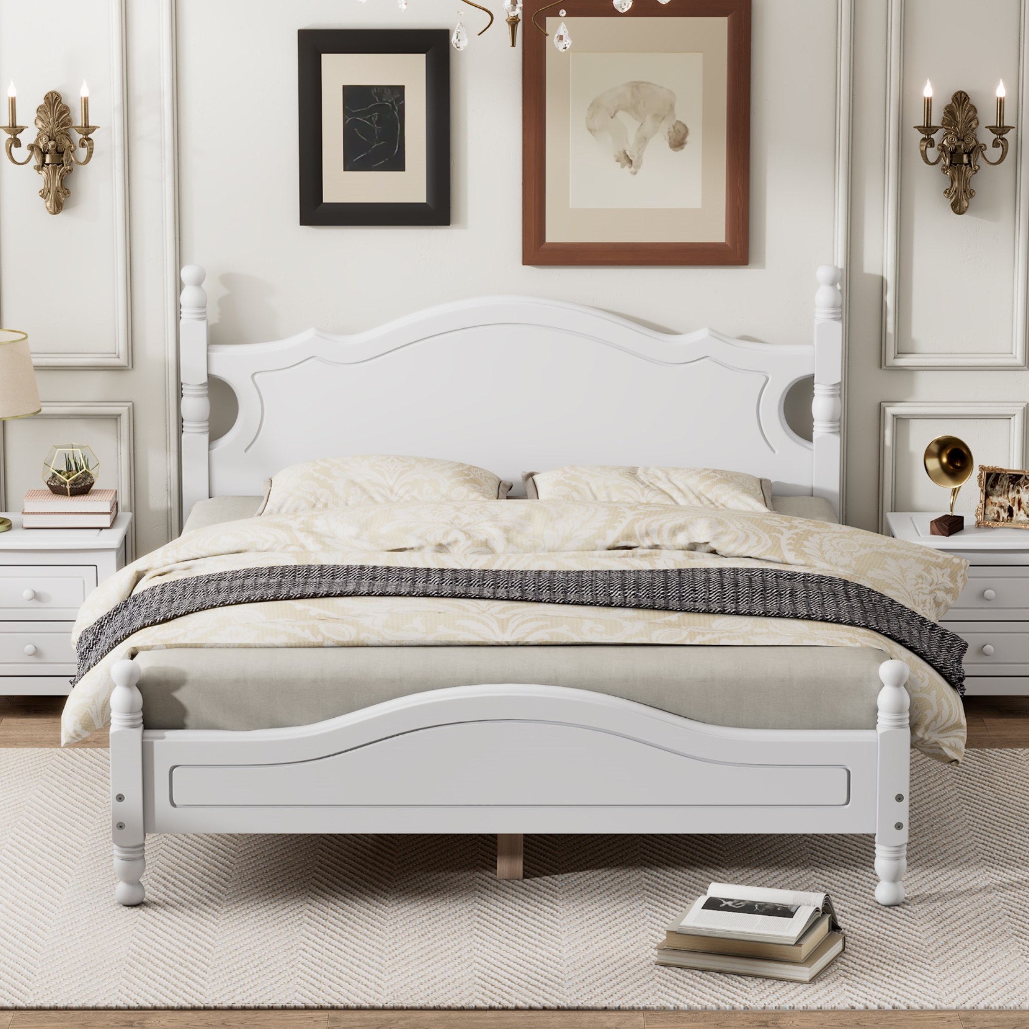 Retro Style Queen Size Wood Platform Bed Frame With Wooden Slat Support