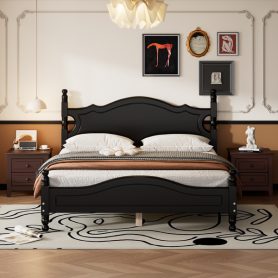 Retro Style Queen Size Wood Platform Bed Frame With Wooden Slat Support