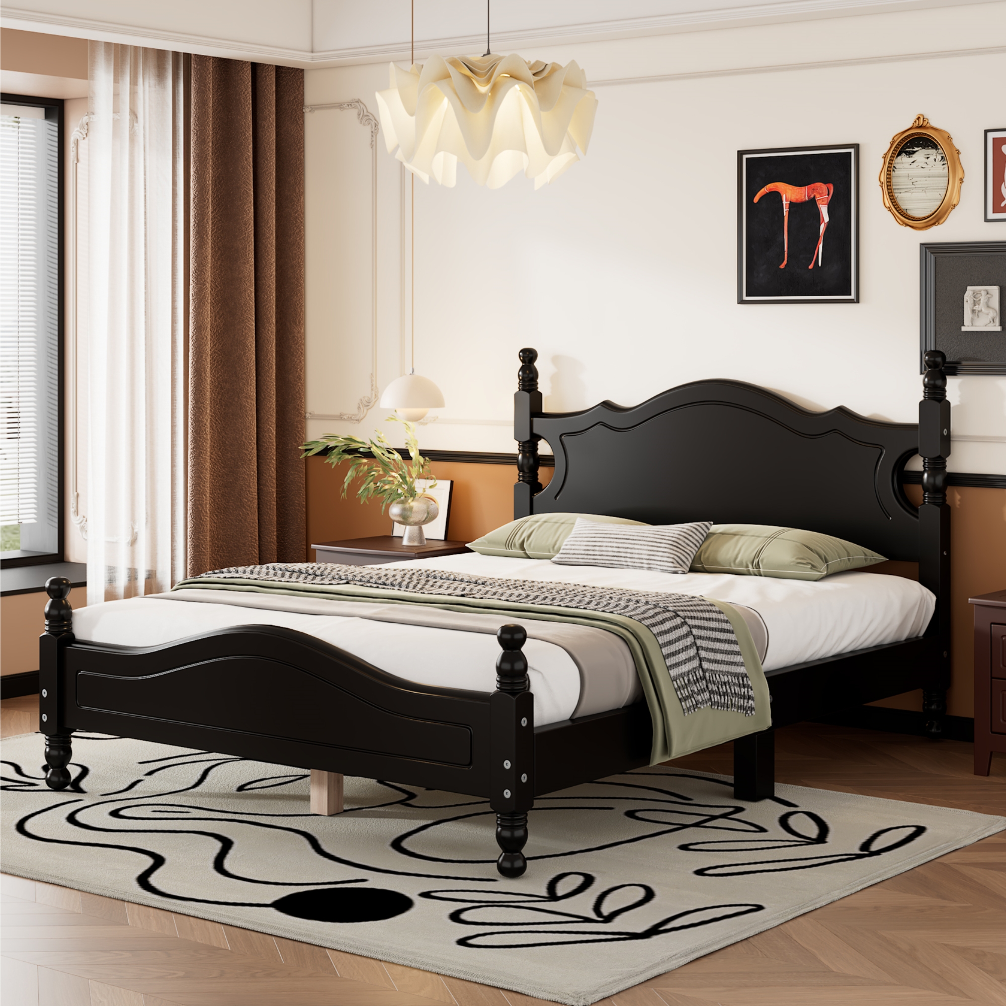 Retro Style Full Size Wood Platform Bed Frame
