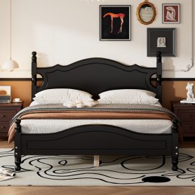 Retro Style Queen Size Wood Platform Bed Frame With Wooden Slat Support