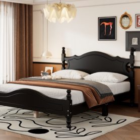 Retro Style Queen Size Wood Platform Bed Frame With Wooden Slat Support