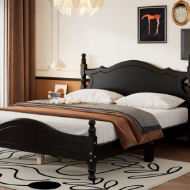Retro Style Queen Size Wood Platform Bed Frame With Wooden Slat Support