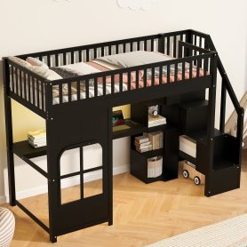 Twin Size Loft Bed with Storage Staircase, LED, USB, Decorative Window Panel & Built-in Open Shelves
