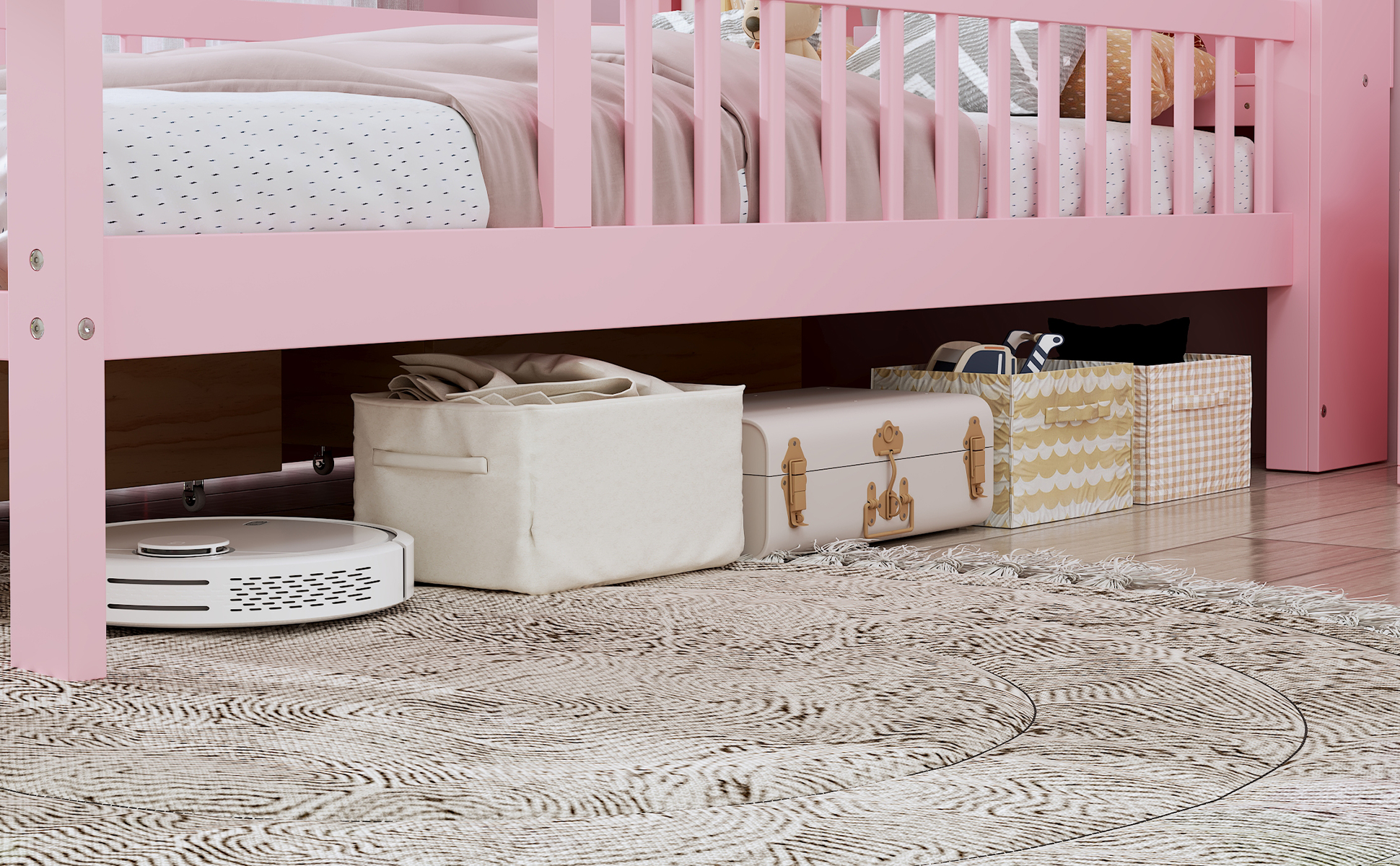 Twin Size Bed with Headboard Storage Rack, Two Under-Bed Drawers, Three-Side Guardrails for Safety and Securit