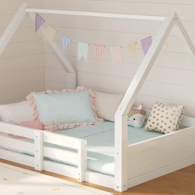 Twin Size House Floor Wooden Bed with House Roof Frame, Fence Guardrails & Grooved Panel Design