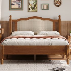 Full Size Wooden Platform Bed with Natural Rattan Headboard