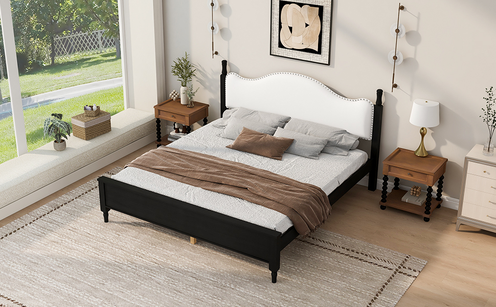 King Size Wood Platform Bed with Upholstered Headboard