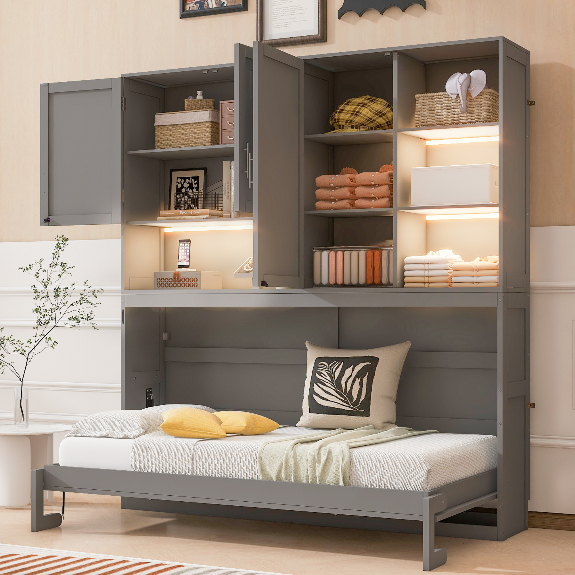 Twin Size Murphy Bed with Top Cabinet, Shelves and Light & USB