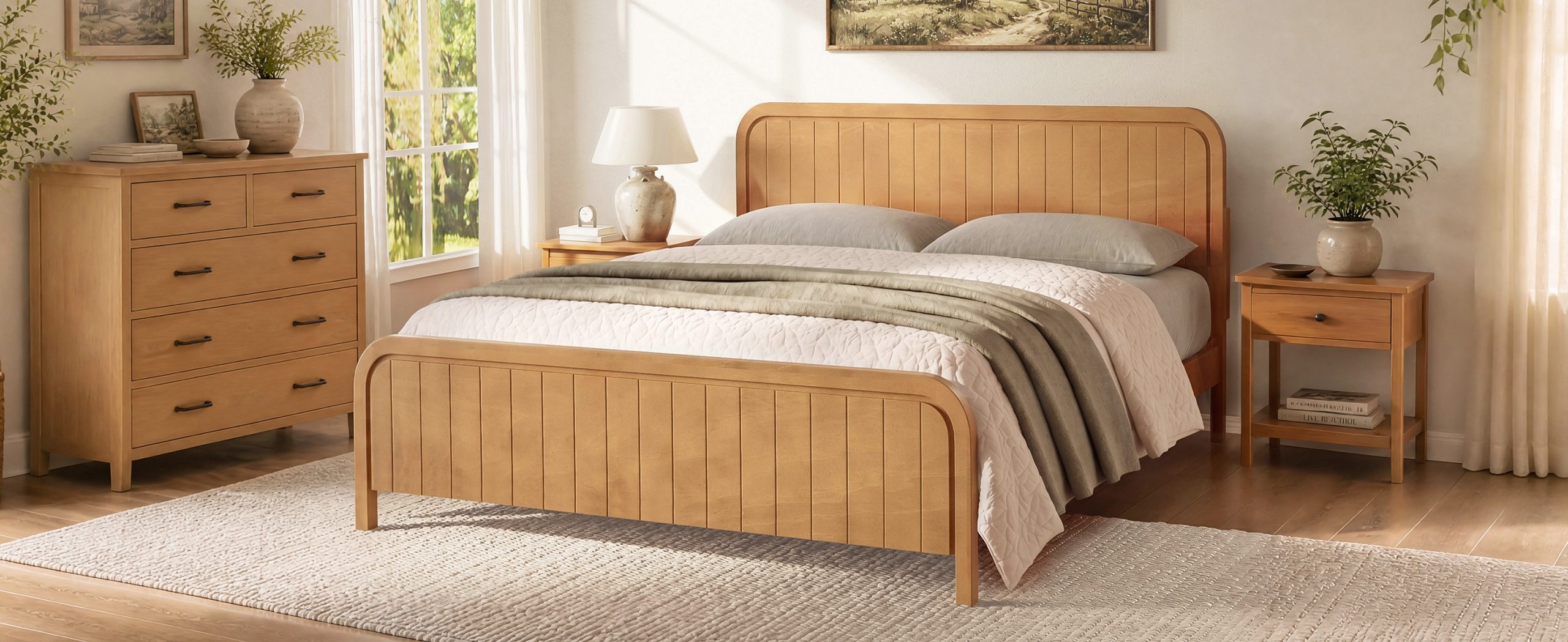 Wood King Bed Frame With Headboard, Noise-free Design, No Box Spring Needed