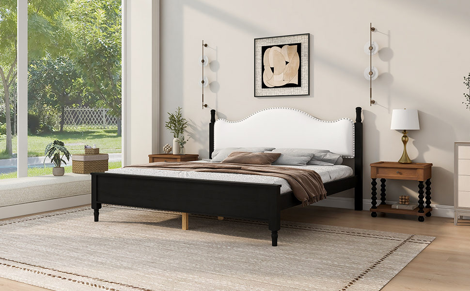 King Size Wood Platform Bed with Upholstered Headboard