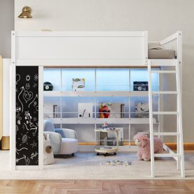 Queen Size Wood Loft Bed with LED Light, Chalkboard Panel and Book Shelves