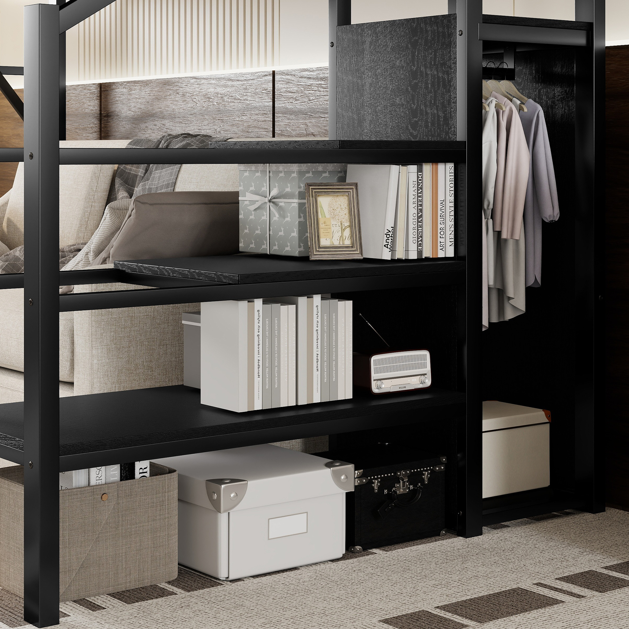 Metal Twin Xl Size Loft Bed With Stairs, Storage Shelves and Wardrobe