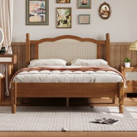 Full Size Wooden Platform Bed with Natural Rattan Headboard