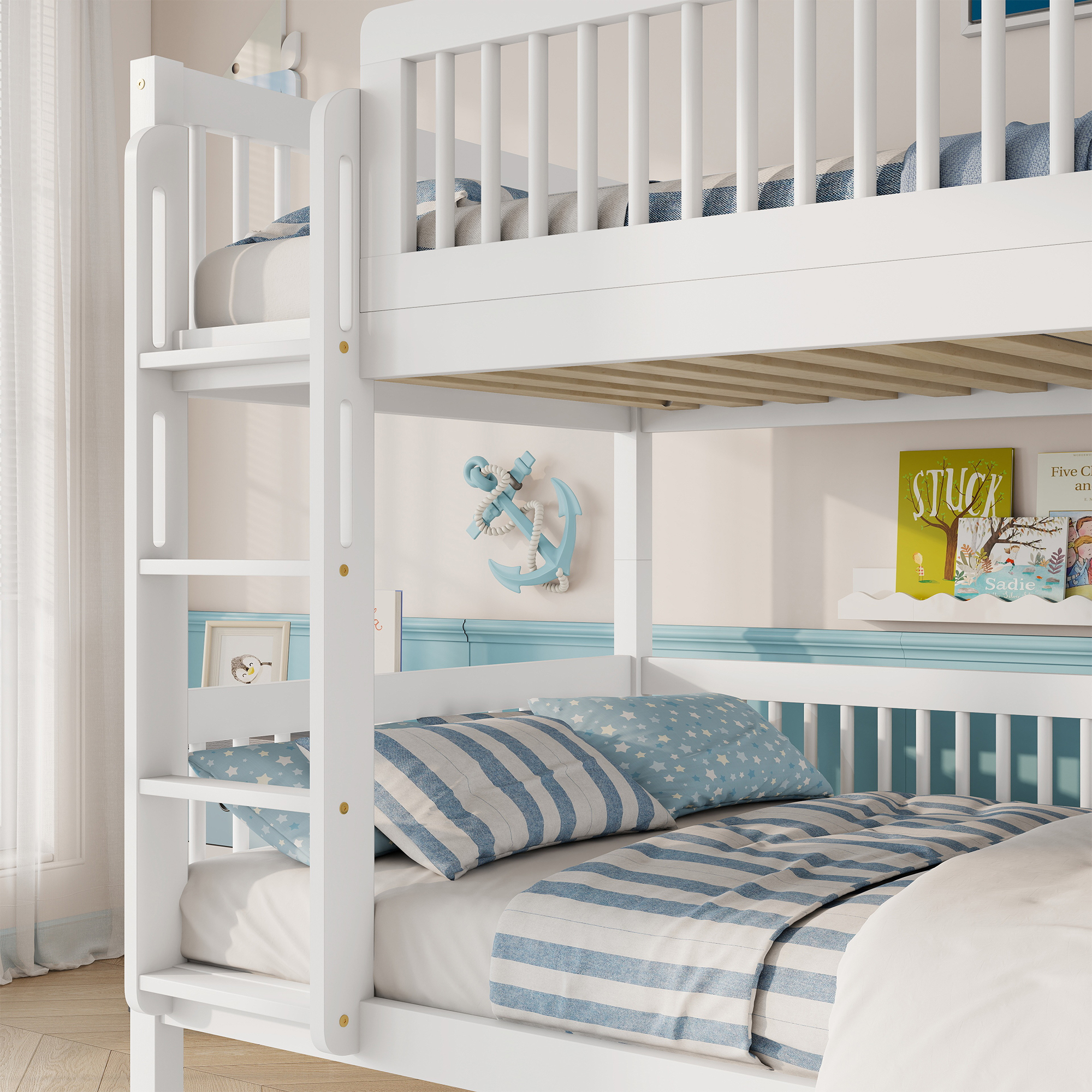 Twin Over Twin Pine Wood Bunk Bed With 2 Drawers, Convertible into 2 Twin Beds