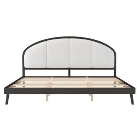 King Size Upholstered Platform Bed Frame With Linen Headboard