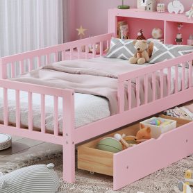 Twin Size Bed with Headboard Storage Rack, Two Under-Bed Drawers, Three-Side Guardrails for Safety and Securit