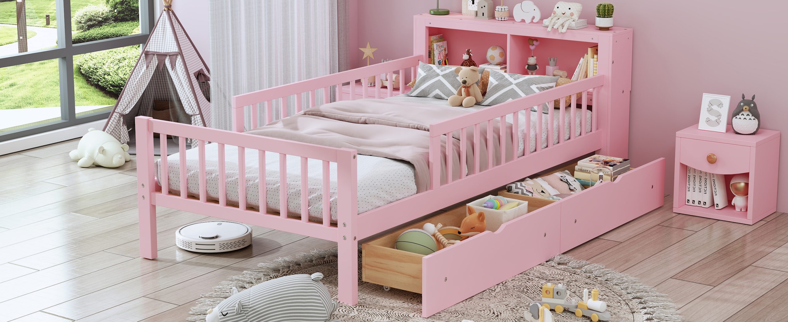 Twin Size Bed with Headboard Storage Rack, Two Under-Bed Drawers, Three-Side Guardrails for Safety and Securit