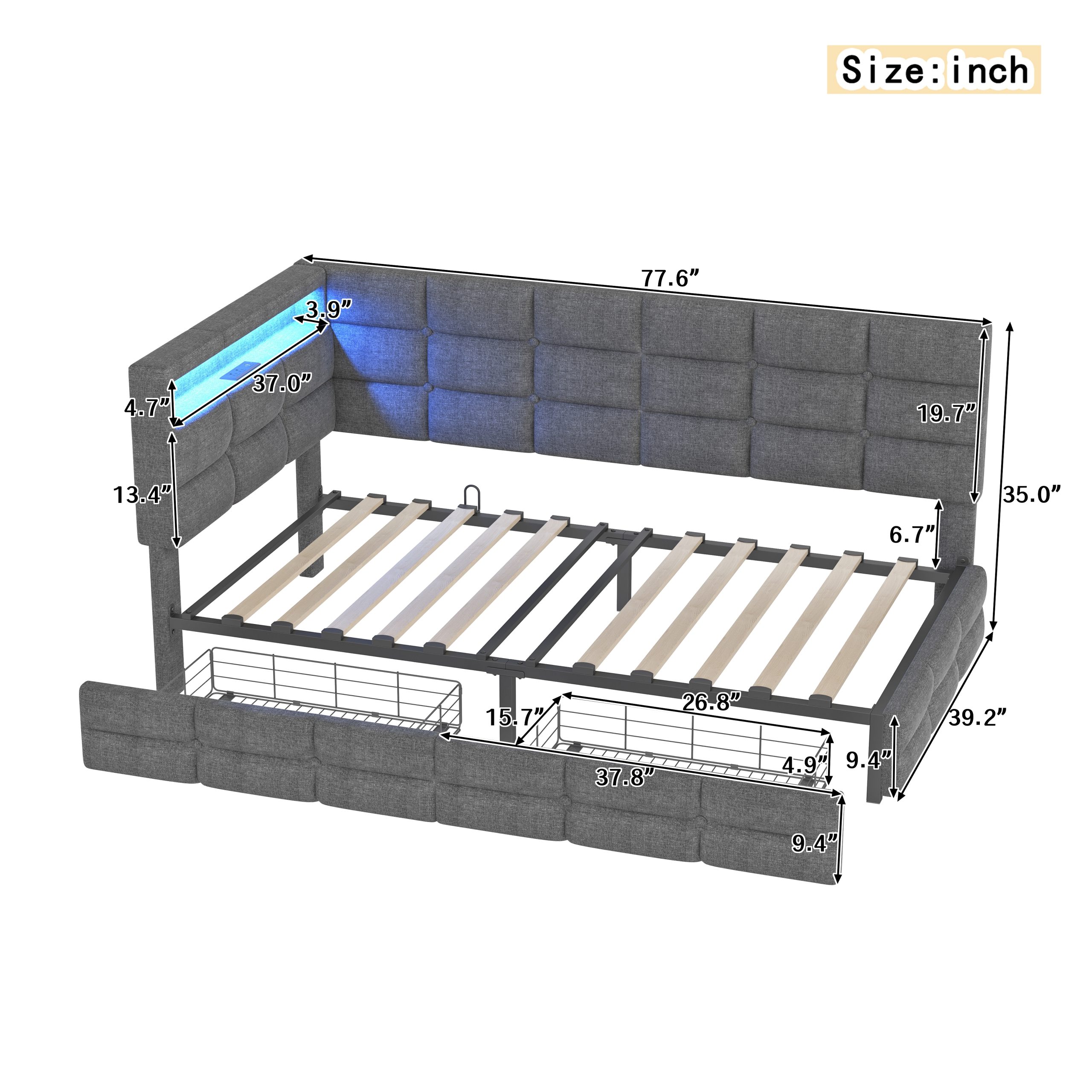 Upholstered Twin Size Daybed with Storage 2 Drawers and Charging Station