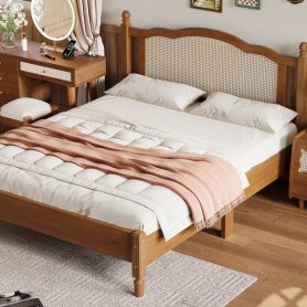 Queen Size Wooden Platform Bed with Natural Rattan Headboard