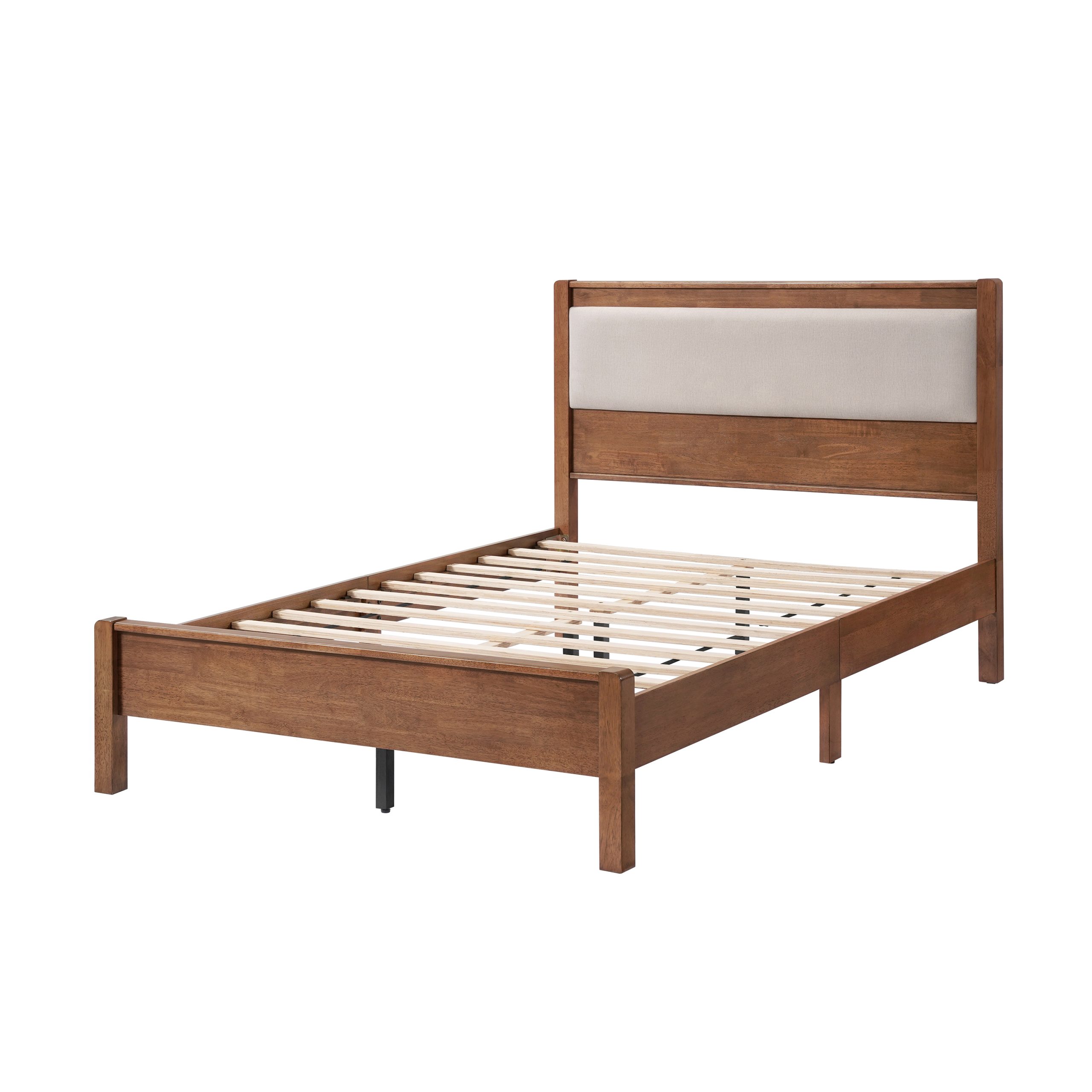 Full Size Solid Rubber Wooden Bed With Upholstered Headboard