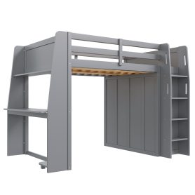 Full Size High Loft Bed with Built-in Desk, LED Lights, Storage Shelves & Double Door Wardrobe Closet