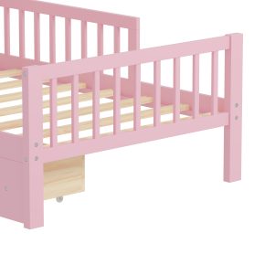 Twin Size Bed with Headboard Storage Rack, Two Under-Bed Drawers, Three-Side Guardrails for Safety and Securit