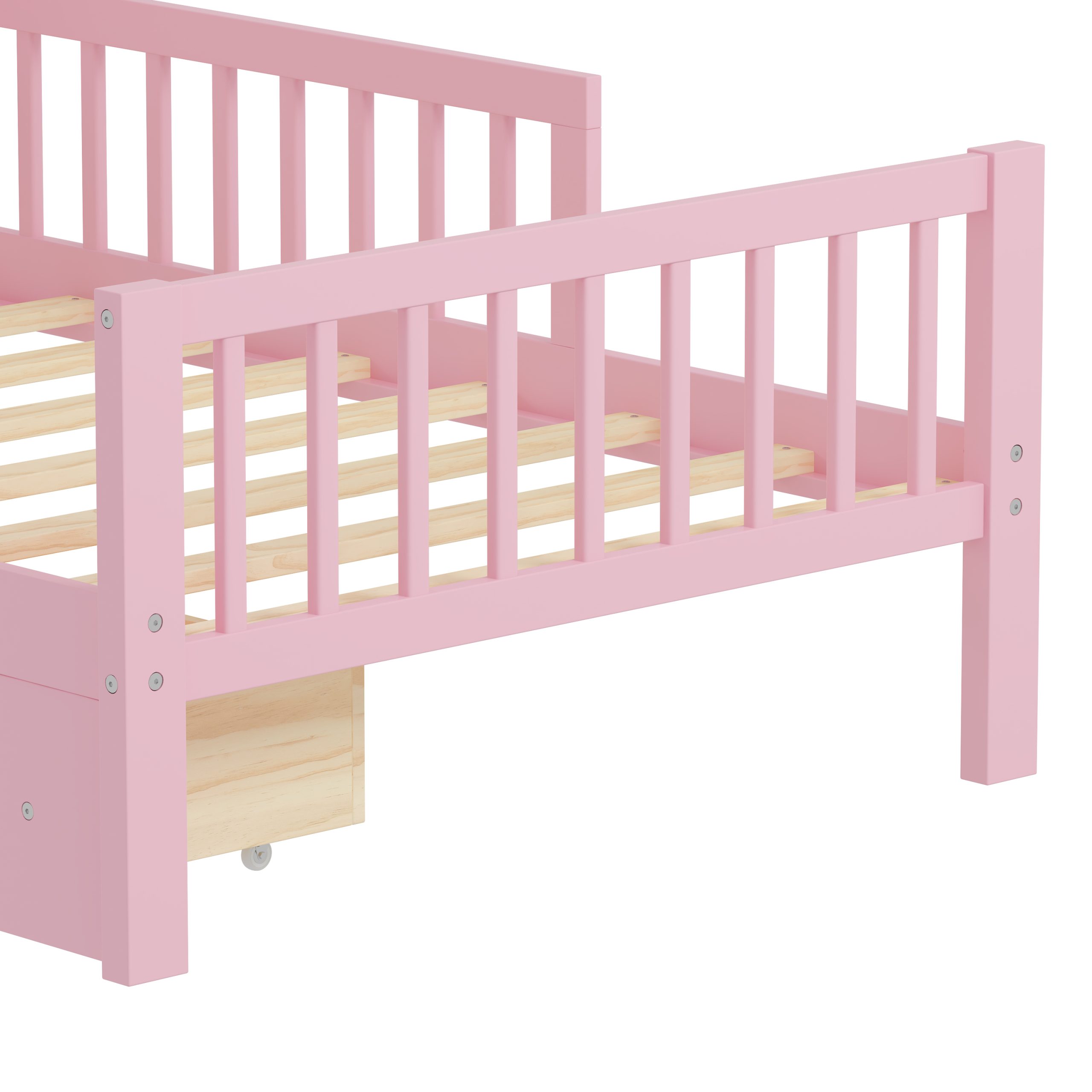 Twin Size Bed with Headboard Storage Rack, Two Under-Bed Drawers, Three-Side Guardrails for Safety and Securit