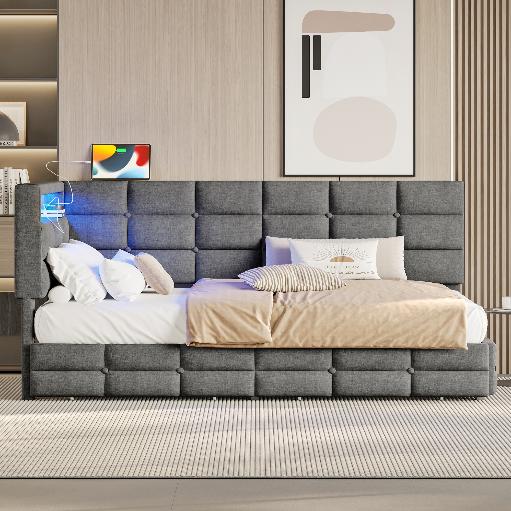 Upholstered Twin Size Daybed with Storage 2 Drawers and Charging Station